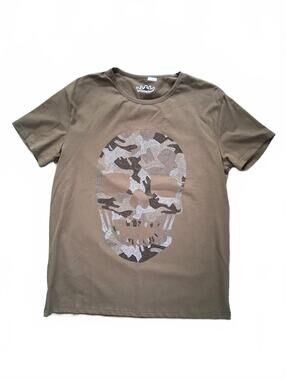 Y2K Heads Or Tails Men's Lg Green Rhinestone Camo Skull Short Sleeve T-Shirt